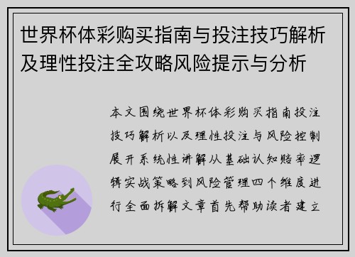 世界杯体彩购买指南与投注技巧解析及理性投注全攻略风险提示与分析